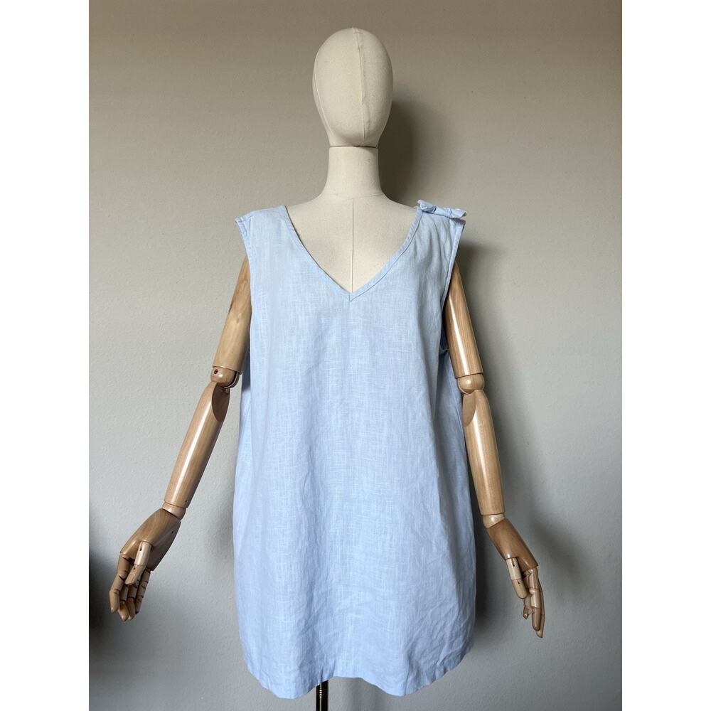 Women's Le Muse Size L/XL Light Blue 100% Linen Bow V-Neck Tunic Tank Top